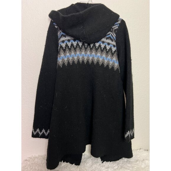 Cynthia Rowley L Black Hooded Duster Cardigan Sweater Blue Southwest print Wool - Picture 2 of 5